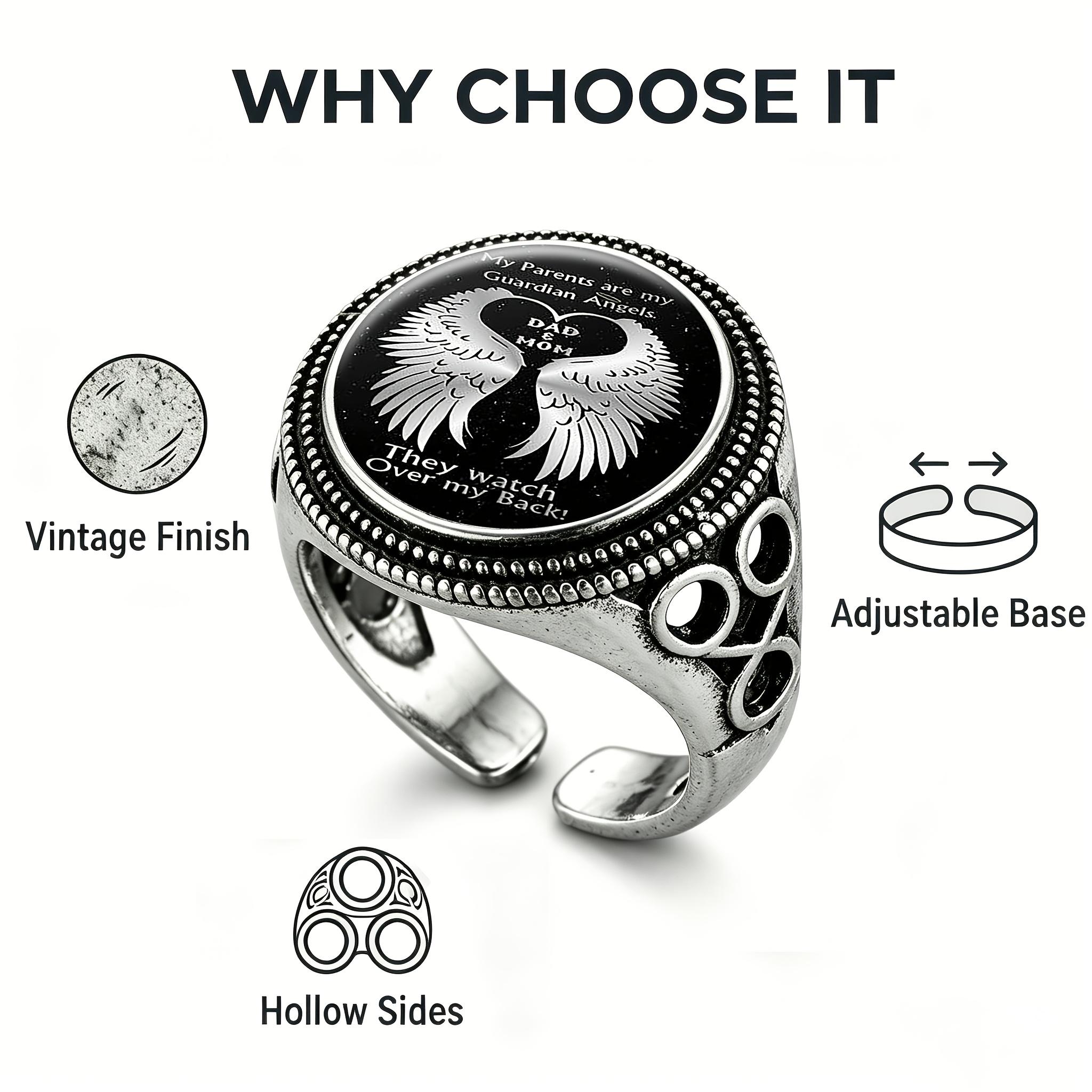 Classic Black Side Hollow Carved Adjustable Open Ring